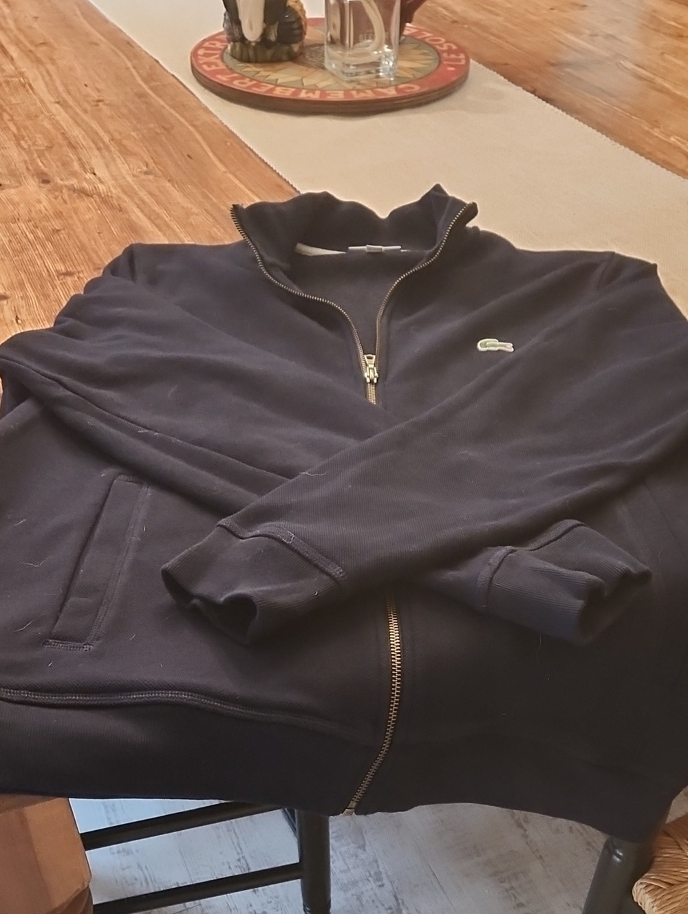 Lacoste Men's Navy Zip-Up Sweatshirt with Green Croc Patch